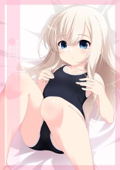 1girl artist_name black_swimsuit blonde_hair blue_eyes breasts character_name commentary_request foreshortening highres inaba_shiki kantai_collection long_hair looking_at_viewer new_school_swimsuit school_swimsuit sitting small_breasts solo swimsuit u-511_(kancolle)