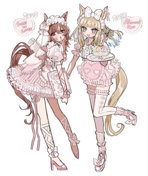 2003 2018 2girls absurdres almond_eye_(umamusume) alternate_costume animal_ears breasts brown_hair character_name commentary food full_body hair_between_eyes hair_ornament heart highres horse_ears kumo_(mokumoku_warabi) looking_at_viewer medium_breasts multicolored_hair multiple_girls open_mouth parfait standing still_in_love_(umamusume) tray two-tone_hair umamusume white_background