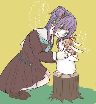 Rule 34 | 1girl, :3, :d, animal ears, animal with hair, animalization, aqua eyes, aqua neckerchief, blush, brown dress, cerise bouquet, closed mouth, dress, flower, hair bun, hair flower, hair ornament, hasu no sora school uniform, highres, hinoshita kaho, kneehighs, link! like! love live!, long hair, long sleeves, looking at animal, lop rabbit ears, love live!, mochi (mamelive228), neckerchief, open mouth, orange hair, otomune kozue, purple hair, rabbit, rabbit ears, rabbit hair ornament, red flower, sailor collar, sailor dress, school uniform, side ponytail, single side bun, smile, socks, solo, speech bubble, squatting, tassel, tassel hair ornament, translation request, virtual youtuber, white sailor collar, white socks, winter uniform