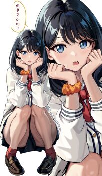 Rule 34 | 1girl, absurdres, black hair, black skirt, blue eyes, cardigan, commentary request, convenient skirt, gridman universe, gridman universe (movie), highres, loafers, looking at viewer, multiple views, open mouth, pleated skirt, red socks, school uniform, scrunchie, shoes, simple background, skirt, socks, speech bubble, squatting, ssss.gridman, takarada rikka, teeth, thighs, upper teeth only, white background, white cardigan, wrist scrunchie, zaofeng