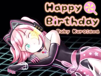 1girl animal_ear_headphones animal_ears aqua_eyes artist_name artist_request bare_shoulders black_background black_gloves black_leotard blush breasts cat_ear_headphones cat_ears checkered_floor cleavage collarbone cyber elbow_gloves fake_animal_ears female_focus fingerless_gloves gloves green_eyes hair_between_eyes headphones kawaya-san kurosawa_ruby leotard looking_at_viewer love_live! love_live!_school_idol_festival love_live!_sunshine!! miniskirt parted_lips pink_skirt plaid_clothes plaid_skirt pleated pleated_skirt red_hair short_hair skirt smile solo star_(symbol) twintails two_side_up