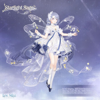 1girl artist_request bare_shoulders blue_bow blue_bowtie blue_eyes blue_hair blue_shoes bow bow_choker bowtie brooch character_name choker clothing_cutout cloud constellation_print copyright_logo dot_nose dress english_text eyelashes feather_hair_ornament feathers floating frilled_choker frilled_dress frilled_sleeves frilled_wrist_cuffs frills full_body hair_between_eyes hair_bow hair_ornament happy hexagram high_heels jewelry kneehighs knees light_blush lipstick logo long_hair looking_at_viewer low_twintails makeup miracle_nikki multicolored_eyes musical_note musical_staff night nikki_(series) official_art outdoors parted_bangs parted_lips pink_eyes pink_lips pleated_dress print_dress puffy_short_sleeves puffy_sleeves pumps purple_sky shoes short_dress short_sleeves shoulder_cutout sky smile socks solo star_(sky) star_(symbol) star_brooch star_print starlight_saga_(miracle_nikki) starry_sky starry_sky_print third-party_source train_(clothing) treble_clef twintails two-sided_dress two-sided_fabric two-tone_bow two-tone_bowtie two-tone_eyes very_long_hair white_bow white_bowtie white_choker white_dress white_socks white_wrist_cuffs wrist_cuffs