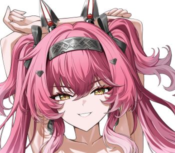 1girl arms_up black_bow bow collarbone commentary cropped dakimakura_(medium) earrings fingernails gradient_hair hair_between_eyes hair_bow hair_ornament hairband headgear highres hiroki_(hirokiart) jewelry long_hair looking_at_viewer lupa_(wuthering_waves) metal_hairband multicolored_hair multiple_hair_bows parted_lips pink_hair red_pupils simple_background smile solo twintails unfinished white_background wuthering_waves yellow_eyes