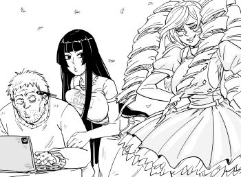 1boy 2girls absurdres artist_self-insert bb_(baalbuddy) black_hair blush breasts comic computer dress drill_hair facial_hair greyscale highres hime_cut hime_cut_wife_(baalbuddy) laptop large_breasts long_hair monochrome multiple_girls original segmented_comic simple_background sitting stubble table twintails white_background