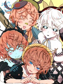 4girls :d ^_^ artist_name bandaid bandaid_on_face bandaid_on_nose bare_shoulders black_hat blue_eyes blue_skin blush braid brown_hair closed_eyes closed_mouth collarbone colored_skin commentary_request dated fang fate/grand_order fate_(series) green_hat hair_between_eyes hat highres long_hair looking_at_viewer multiple_girls multiple_persona open_mouth red_hat shimogamo_(shimomo_12) short_hair skin_fang smile striped_hat sweat van_gogh_(fate) van_gogh_(first_ascension)_(fate) van_gogh_(miner)_(fate) van_gogh_(second_ascension)_(fate) van_gogh_(third_ascension)_(fate) watermark white_hair yellow_hat