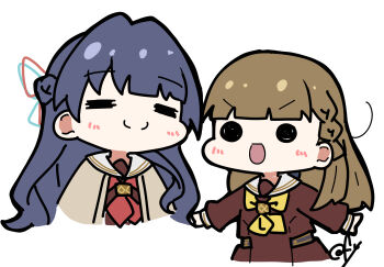 2girls :d =_= absurdres blue_ribbon blush braid brown_cardigan brown_dress c: cardigan closed_eyes closed_mouth cropped_torso dollchestra dress hair_ribbon half_up_braid half_updo hasu_no_sora_school_uniform highres kachimachi_kosuzu link!_like!_love_live! long_sleeves love_live! multiple_girls murano_sayaka neckerchief oofushi_ao open_cardigan open_clothes open_mouth outstretched_arms red_neckerchief red_ribbon ribbon sailor_collar sailor_dress school_uniform signature simple_background smile split_mouth v-shaped_eyebrows virtual_youtuber white_background white_sailor_collar winter_uniform yellow_neckerchief