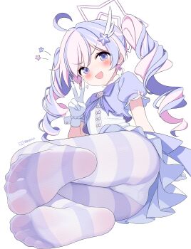1girl absurdres ahoge ass blue_archive bow bowtie drill_hair gloves gugu0v0 hair_ornament halo highres long_hair looking_at_viewer magical_girl multicolored_hair no_shoes open_mouth panties panties_under_pantyhose pantyhose pink_hair puffy_sleeves purple_bow purple_bowtie purple_eyes purple_hair reisa_(blue_archive) reisa_(magical)_(blue_archive) short_sleeves smile soles solo star_(symbol) star_hair_ornament star_halo striped_clothes striped_pantyhose toes twin_drills twintails two-tone_hair two-tone_pantyhose underwear v white_gloves white_panties wing_hair_ornament
