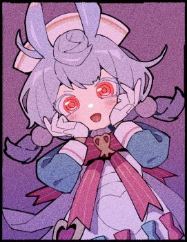 1girl animal_ears apron aqua_dress black_border blush border bow bowtie dress film_grain full_body genshin_impact gloves hands_up hat long_sleeves looking_at_viewer nploser nurse_cap open_mouth pink_bow pink_bowtie purple_background red_eyes sigewinne_(genshin_impact) simple_background smile solo white_apron white_gloves
