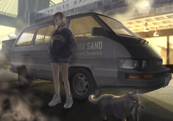 1girl black_jacket blue_shorts brooklyn_bridge cat commentary_request english_text fish fish_in_mouth hands_in_pockets highres jacket jettoburikku license_plate looking_at_animal motor_vehicle new_york_city original outdoors shadow shorts standing toyota toyota_van united_states van vehicle_focus