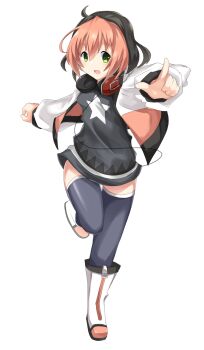 1girl black_hair black_shirt black_thighhighs boots breasts colored_bangs commentary cowlick english_commentary full_body green_eyes hair_between_eyes headphones headphones_around_neck highres jacket kunknee looking_at_viewer multicolored_hair open_clothes open_jacket open_mouth osu! pink_hair pippi_(osu!) pointing pointing_at_viewer shirt short_hair small_breasts solo tachi-e thighhighs transparent_background two-tone_hair variant_set white_boots white_jacket