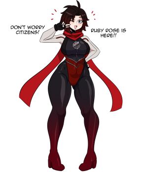1girl absurdres ahoge black_gloves black_hair blush bodysuit breasts curvy english_text fingerless_gloves gloves grey_eyes hand_on_own_hip high_heels highres justice_league_x_rwby:_super_heroes_and_huntsmen kinathefox large_breasts looking_at_viewer one_eye_closed red_hair red_scarf ruby_rose rwby scarf skin_tight solo superhero_costume thick_thighs thighs v white_background wink