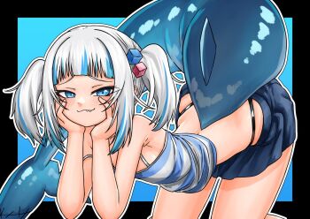 1girl alternate_costume blue_eyes blue_shirt blue_skirt blue_streaks breasts commentary cube_hair_ornament english_commentary fang fins fish_tail gawr_gura hair_ornament hololive hololive_english looking_at_viewer medium_hair shark_girl shark_tail shirt skirt small_breasts smile solo superfann tail two_side_up virtual_youtuber