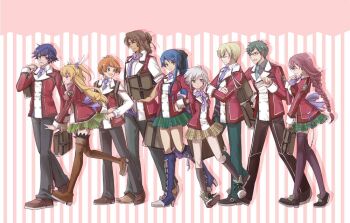 Rule 34 | 4girls, 5boys, alisa reinford, bag, black hair, blue eyes, blue hair, boots, braid, brown hair, closed eyes, curtained hair, denim, double-parted bangs, eiyuu densetsu, elliot craig, emma millstein, fie claussell, full body, gaius worzel, glasses, green eyes, green hair, hair between eyes, hair bun, hanabi (usagibakudan), high heel boots, high heels, holding, holding bag, jacket, jeans, jusis albarea, laura s. arseid, loafers, long hair, long sidelocks, machias regnitz, mullet, multiple boys, multiple girls, necktie, open mouth, orange hair, pants, parted bangs, pink hair, ponytail, purple eyes, rean schwarzer, red eyes, school bag, school uniform, sen no kiseki (series), sen no kiseki i, shoes, short hair, sideburns, sidelocks, single braid, single sidelock, skirt, smile, sneakers, thors military academy class vii uniform