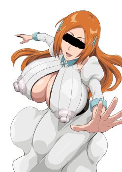 1girl bleach bleach:_sennen_kessen-hen breasts censored censored_identity cleavage cleavage_cutout clothing_cutout collarbone covered_erect_nipples detached_sleeves female_focus hair_ornament hairclip highres inoue_orihime iwao178 large_breasts long_hair long_skirt open_mouth orange_hair simple_background skirt white_background