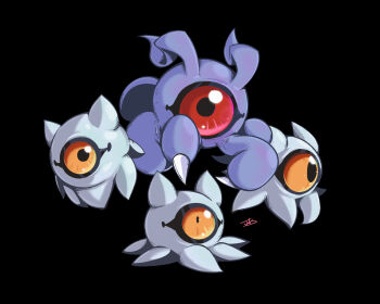 Rule 34 | black background, digimon, digimon (creature), highres, kuramon, looking at viewer, no humans, orange eyes, red eyes, simple background, tsumemon, wolfsteak