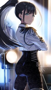 1girl absurdres amaya_tsubame ass back backlighting black_bodysuit black_gloves black_hair blue_eyes bodysuit chair cowboy_shot cropped_jacket cross-laced_clothes crossed_arms earrings folding_chair frown gakuen_idolmaster game_cg gloves high_ponytail highres idolmaster jacket jewelry light_particles long_hair long_sidelocks median_furrow official_art pearl_earrings ponytail scrunchie sidelocks solo stage_lights standing strobe_lights third-party_source white_jacket