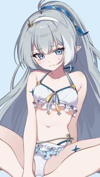 1girl ahoge bare_arms bikini blue_background blue_eyes blue_ribbon breasts cameltoe closed_mouth collarbone commentary extra_pupils female_tyrant_(stella_sora) frilled_bikini frills grey_hair hair_ribbon hairband head_tilt high_ponytail highres kano3 long_hair looking_at_viewer navel official_alternate_costume pointy_ears ponytail ribbon simple_background sitting small_breasts solo stella_sora stomach sweatdrop swimsuit tyrant_(stella_sora) very_long_hair white_bikini white_hairband