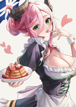 1girl apron black_dress black_horns blue_archive breasts cleavage dress food green_eyes hair_between_eyes heart highres holding horns juri_(blue_archive) juri_(part-time)_(blue_archive) large_breasts mole mole_under_eye pancake pancake_stack pink_hair pointy_ears solo suidou_chaahan tongue waitress white_wrist_cuffs wrist_cuffs