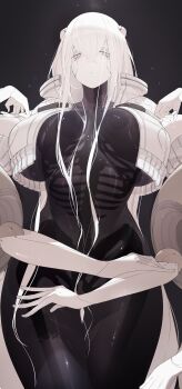 1girl absurdres black_skin bone colored_skin eurica_(ub1mo) exposed_bone extra_arms highres joints multicolored_skin original ribs robot_girl robot_joints see-through_body skeleton solo two-tone_skin ub1mo white_hair white_skin