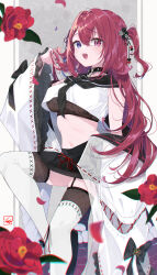 Rule 34 | 1girl, black choker, black neckerchief, black sailor collar, black skirt, blue eyes, choker, commentary request, commission, cropped shirt, fangs, flower, garter straps, hand up, heterochromia, highres, indie virtual youtuber, jacket, jacket partially removed, jamu, long hair, long sleeves, looking at viewer, midriff, navel, neckerchief, open mouth, playing with own hair, pleated skirt, red eyes, red flower, red hair, sailor collar, shirt, skeb commission, skirt, sleeveless, sleeveless shirt, smile, solo, thighhighs, two side up, usui kuron, virtual youtuber, white shirt, white thighhighs, wide sleeves