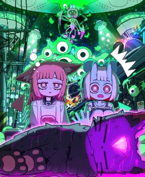 Rule 34 | 2girls, alien, animal ear fluff, animal ears, backlighting, blood, blue bow, blue skin, bow, bright pupils, cat, colored skin, commentary, demon tail, destruction, disembodied eye, english commentary, explosion, forehead jewel, glowing, hair between horns, hair bow, healing, highres, horns, injury, monster, multiple girls, night, noiluzdog, open mouth, original, pink blood, pink eyes, pink hair, pixel art, power lines, print shirt, shirt, skin-covered horns, sky, spacecraft, star (sky), starry sky, t-shirt, tail, ufo, whiskers, white hair, white pupils