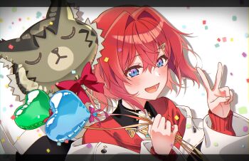 Rule 34 | 1girl, :d, absurdres, ange katrina, ange katrina (1st costume), animal balloon, balloon, ben-day dots, blue eyes, blush, cardigan, commentary request, confetti, drop shadow, hair between eyes, hair intakes, hair ornament, hands up, highres, holding, holding balloon, hozumi ayaka, long sleeves, looking at viewer, medium hair, multicolored eyes, nijisanji, off shoulder, open mouth, portrait, purple eyes, red cardigan, red hair, screentones, smile, solo, triangle hair ornament, two-tone eyes, v, vignetting, virtual youtuber, white background