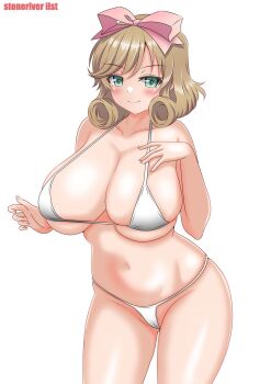 1girl bikini blush breasts brown_hair green_eyes hair_ribbon haruka_(senran_kagura) huge_breasts medium_hair ribbon senran_kagura stoneriver_ilst swimsuit white_background