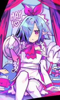 1girl :&lt; absurdres anzu_(anzuhan) apron beak bird blue_hair blush cake choker collarbone detached_sleeves disgaea duster feather_duster flat_chest food frilled_apron frilled_gloves frills gloves hair_over_one_eye hair_ribbon hairband highres holding holding_plate icing looking_at_viewer maid maid_apron maid_headdress neckerchief nippon_ichi peg_leg penguin plate pleinair pointy_ears prinny red_choker red_eyes red_neckerchief ribbon short_hair sitting solo thighhighs white_gloves white_thighhighs