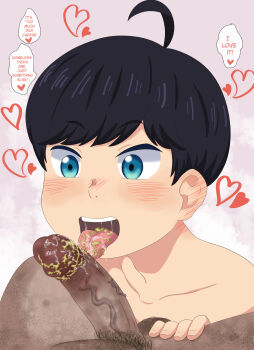 black_hair blue_eyes dialogue_box fellatio happy_sex highres homeless lawis11 male_focus oral penis saliva shota smegma smile tongue tongue_out uncensored yaoi yuzuki-san_chi_no_yon_kyoudai yuzuki_minato