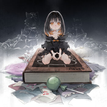 1girl absurdres aged_down amo_empool black_dress black_hair book candy commentary craizuss dirty doll dress expressionless food full_body gachiakuta giant_book highres kneeling lollipop long_hair multicolored_hair orange_eyes orange_hair parted_lips solo torn_clothes torn_dress two-tone_hair