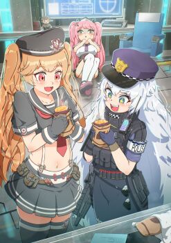 Rule 34 | + +, 3girls, :d, a.c.p.u. (nikke), absurdres, ammunition belt, bandolier, belt, beret, black gloves, black ribbon, black sailor collar, black shirt, black skirt, black thighhighs, blue eyes, blue gloves, blue shirt, blush, breasts, brown hair, bulletproof vest, chair, character doll, collarbone, commander (nikke), commentary request, cropped shirt, dashiziruangeal, doll, eating, fang, flower, fluffy hair, food, full body, garter straps, gloves, goddess of victory: nikke, gun, hair between eyes, hair flower, hair ornament, hair ribbon, hat, highres, holding, holding food, indoors, large breasts, long hair, midriff, miranda (nikke), monitor, multiple girls, navel, neckerchief, necktie, open mouth, pink hair, pleated skirt, poli (nikke), police, police hat, police uniform, policewoman, purple necktie, quiry (nikke), red eyes, red neckerchief, ribbon, roasted sweet potato, sailor collar, saliva, shadow, shirt, short sleeves, sidelocks, sitting, skin fang, skindentation, skirt, small breasts, smile, sparkle, sparkling eyes, standing, sunglasses, suspender skirt, suspenders, sweatdrop, sweet potato, teeth, thighhighs, triangle mouth, twintails, upper teeth only, utility belt, very long hair, walkie-talkie, weapon, white hair, white shirt, white thighhighs, zettai ryouiki
