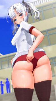 1girl 3d adjusting_buruma adjusting_clothes ass black_thighhighs blue_eyes blush breasts buruma female_focus gym_uniform hair_ornament hairclip heavy_breathing highres long_hair looking_at_viewer medium_breasts minamo_rm original outdoors red_buruma short_sleeves sideboob silver_hair solo sweat thick_thighs thighhighs thighs twintails white_thighhighs