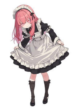 1girl apron black_dress black_shoes black_socks blush commentary_request dress frilled_apron frills full_body hair_tie highres kneehighs leaning_forward long_hair long_sleeves looking_at_viewer maid_apron maid_headdress original pink_eyes pink_hair shoes sidelocks simple_background smile socks solo standing takanashi_yuki white_background