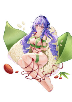 1girl absurdres ahoge arms_behind_back barefoot bdsm bondage bound bound_arms breast_curtains breasts chinese_commentary commentary_request drill_hair feet food highres in_food large_breasts long_hair mole mole_under_eye nail_polish navel onigiri oversized_food oversized_object parted_lips purple_eyes purple_hair seed simple_background solo stomach toenail_polish toenails toes user_fgfa7284 vivian_banshee white_background zenless_zone_zero