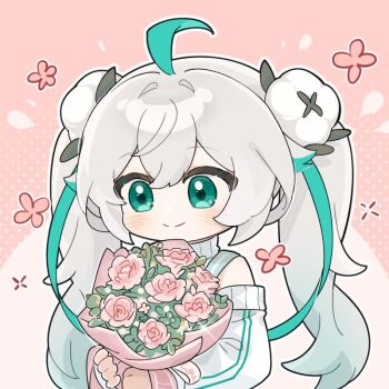 Rule 34 | 1girl, ahoge, aqua eyes, aqua hair, bare shoulders, blush, bouquet, chibi, commentary request, flower, gradient hair, green eyes, green hair, hair flower, hair ornament, hair ribbon, holding, holding bouquet, jacket, long hair, multicolored hair, off shoulder, official alternate costume, official alternate hairstyle, pink flower, pink rose, quanmian shidai, ribbon, rose, smile, solo, streaked hair, sweater, twintails, upper body, wen xiaomian, wenxiaomian family, white hair, white jacket, white sweater