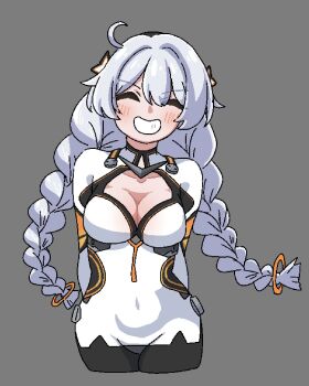Rule 34 | 1girl, ^ ^, blush, bodysuit, braid, breasts, cleavage, closed eyes, commentary request, covered groin, covered navel, cropped legs, facing viewer, grey background, grin, hair between eyes, highres, honkai (series), honkai impact 3rd, kiana kaslana, kiana kaslana (white comet), long hair, low twintails, medium breasts, mokkyo (motkyo), simple background, smile, solo, twin braids, twintails, v-shaped eyebrows, very long hair, white bodysuit