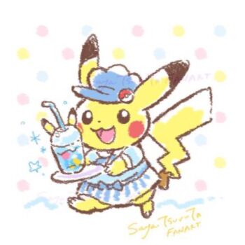 :3 apron artist_name blue_apron blue_hat blue_shirt clothed_pokemon commentary_request cup dot_nose drink drinking_straw full_body gen_1_pokemon hat holding holding_plate nintendo no_humans open_mouth pikachu plate poke_ball_theme pokemon pokemon_(creature) pokemon_focus polka_dot polka_dot_background shirt smile solo tsuruta_saya
