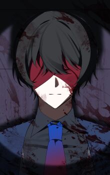 1boy absurdres black_hair black_shirt blindfold blood blood_in_hair blood_on_clothes blue_vest closed_mouth collared_shirt e.g.o_(project_moon) gradient_necktie hi_i_dubu highres limbus_company looking_at_viewer male_focus necktie project_moon shirt solo vest yi_sang_(project_moon)