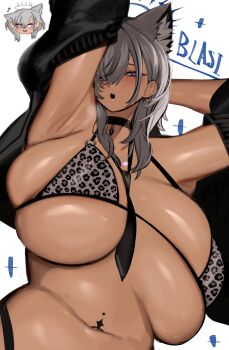 1girl absurdres animal_ears animal_print bikini black_choker black_necktie breasts choker commentary_request dark-skinned_female dark_skin ear_piercing fang gigantic_breasts grey_hair hair_over_one_eye highres jacket leopard_print leopard_print_bikini looking_at_viewer medium_hair micro_bikini mole mole_under_eye navel_piercing necktie open_clothes open_jacket open_mouth original piercing print_bikini purple_hair skin_fang solo sumiwake_akauncho swimsuit