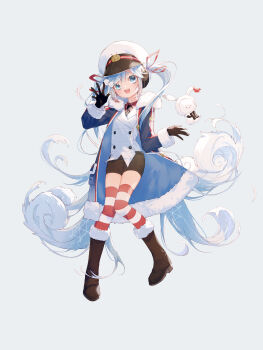 Rule 34 | 1girl, 1other, absurdres, aqua eyes, aqua hair, arms up, binoculars, black coat, black gloves, black necktie, black shorts, coat, collared shirt, commentary request, fur-trimmed coat, fur-trimmed sleeves, fur trim, gloves, gradient hair, grey background, hair between eyes, hair ornament, hair ribbon, hat, hatsune miku, highres, holding, holding binoculars, jacket, light blush, long hair, long sleeves, looking at viewer, multicolored hair, necktie, official alternate costume, official alternate hairstyle, parted lips, peaked cap, rabbit, rabbit yukine, red ribbon, red shirt, ribbon, sailor hat, shirt, short shorts, shorts, simple background, striped clothes, striped thighhighs, thighhighs, twintails, very long hair, vocaloid, white hair, white jacket, xiaoniaoyou qing, yuki miku, yuki miku (2022)