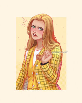 Rule 34 | 1girl, artist name, blonde hair, cher horowitz, clueless (movie), green eyes, highres, jacket, long hair, looking at viewer, luztapiaart, plaid clothes, plaid jacket, shirt, solo, upper body, vest, watermark, white shirt, yellow jacket, yellow vest