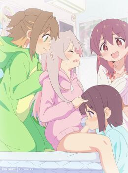 1futa 3girls :d absurdres air_conditioner artist_name blonde_hair blunt_ends blush bottomless brown_eyes censored kodomo_doushi closed_eyes colored_inner_hair commentary dinosaur_costume drooling english_commentary eufoniuz fang fang_out fellatio futa_with_female futanari genderswap genderswap_(mtf) green_eyes grey_hair hair_between_eyes heart heart_in_mouth highres hood hood_down hoodie hozuki_momiji indoors kneeling loli long_hair long_sleeves mattress mixed-language_commentary mosaic_censoring multicolored_hair multiple_girls murosaki_miyo oka_asahi onesie onii-chan_wa_oshimai! open_mouth oral oyama_mahiro paid_reward_available penis pink_hair pink_hoodie poster_(object) red_hair short_hair sitting smile two-tone_hair two_side_up zipper_pull_tab