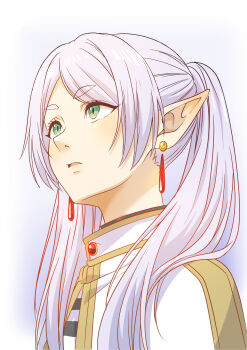 1girl absurdres arika_(198906nk) capelet commentary_request earrings elf eyelashes frieren from_side green_hair highres jewelry long_hair looking_up meme parted_bangs parted_lips pointy_ears short_eyebrows solo sousou_no_frieren takahashi_rumiko_(style) teardrop_earrings twintails upward_angle_frieren_drawing_(meme) white_background white_capelet white_hair