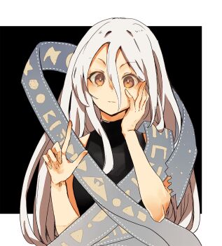 1girl album_cover atoki black_dress commentary_request cover dress grey_hair hair_between_eyes hand_on_own_cheek hand_on_own_face highres long_hair long_hair_between_eyes looking_at_viewer orange_eyes ribbon_around_body solo touhou turtleneck turtleneck_dress yuiman_asama