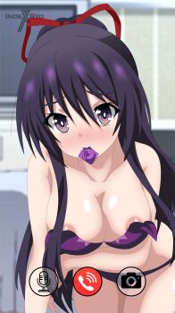 1girl absurdres blush breasts condom condom_in_mouth date_a_live highres indexryo large_breasts long_hair mouth_hold purple_eyes purple_hair solo swimsuit yatogami_tohka