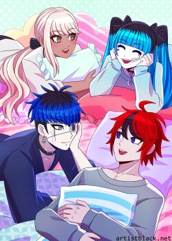 Rule 34 | 2boys, 2girls, alternate costume, amemiya darumi, artist black, bed, black bow, black collar, black hair, blonde hair, blue eyes, blue hair, bow, brown eyes, closed eyes, collar, dark-skinned female, dark skin, earrings, eyepatch, face piercing, heart, highres, holding, holding pillow, jewelry, kawana tsubasa, lip piercing, looking at another, multicolored hair, multiple boys, multiple girls, omokage yugamu, pajamas, piercing, pillow, polyamory, ponytail, red collar, red hair, safety pin, scar, sumino takumi, the hundred line -last defense academy-, twintails, yaoi, yuri