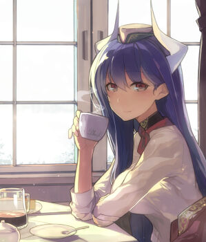 1girl ascot breasts coffee coffee_pot cup curtains disposable_cup elbow_rest eyebrows female_focus food from_side hair_between_eyes hat highres hitoshi holding holding_cup horns indoors long_hair looking_at_viewer mini_hat original phyllis_adams purple_hair red_eyes saucer shirt sitting smile solo spoon steam table teacup upper_body very_long_hair white_shirt window