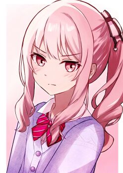 1other akiyama_mizuki bow bowtie cardigan collared_shirt commentary_request hair_bow highres looking_at_viewer pink_eyes pink_hair ponytail project_sekai school_uniform shirt solo striped_bow striped_bowtie striped_clothes upper_body yoi_(a27963244)