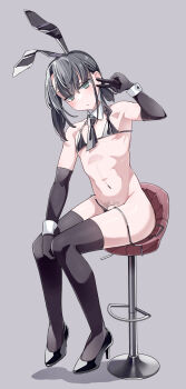 Rule 34 | 1boy, absurdres, animal ears, bar stool, bikini, black gloves, black hair, black necktie, black shoes, black thighhighs, blush, commentary request, crossdressing, crossdressing (mtf), desert (deserteagle0321), detached collar, earrings, elbow gloves, fake animal ears, full body, gloves, green eyes, grey background, heart, heart-shaped pupils, high heels, highres, jewelry, jitome, looking at viewer, male focus, male playboy bunny, male pubic hair, necktie, on stool, open clothes, original, playboy bunny, ponytail, pubic hair, rabbit ears, shoes, simple background, sitting, solo, stool, swimsuit, symbol-shaped pupils, thighhighs, trap, untied bikini, untied bikini bottom, v, white wrist cuffs, wrist cuffs