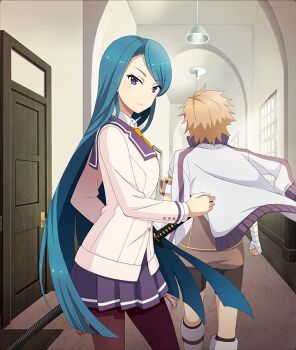 Rule 34 | 2girls, aqua hair, arch, bandaged arm, bandages, black pantyhose, black shorts, blue sailor collar, blue skirt, blunt ends, boots, brown jacket, clenched hand, closed mouth, day, door, dot nose, facing away, from side, game cg, hallway, hand on hilt, hanging light, indoors, jacket, jacket on shoulders, katana, knee boots, long hair, long sleeves, looking at viewer, multiple girls, necktie, official art, orange hair, origami family's elite guard uniform, pantyhose, purple eyes, renpu girls school uniform, sailor collar, school uniform, shidou maki (toji no miko), short hair, shorts, skirt, spiked hair, sword, third-party source, toji no miko, toji no miko: kizamishi issen no tomoshibi, very long hair, walking, watanuki kazumi, weapon, white boots, white jacket, window, yellow necktie